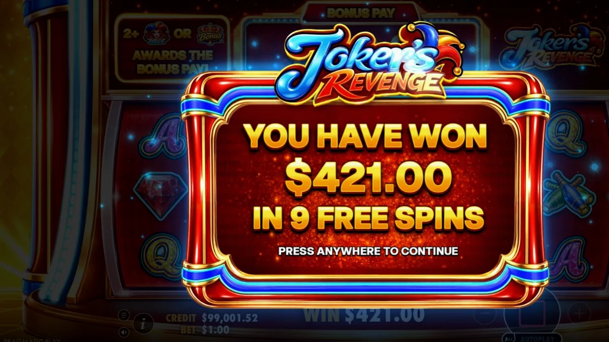 Interface vibrante e temática do slot Joker’s Revenge com elementos de harlequin e fogo.