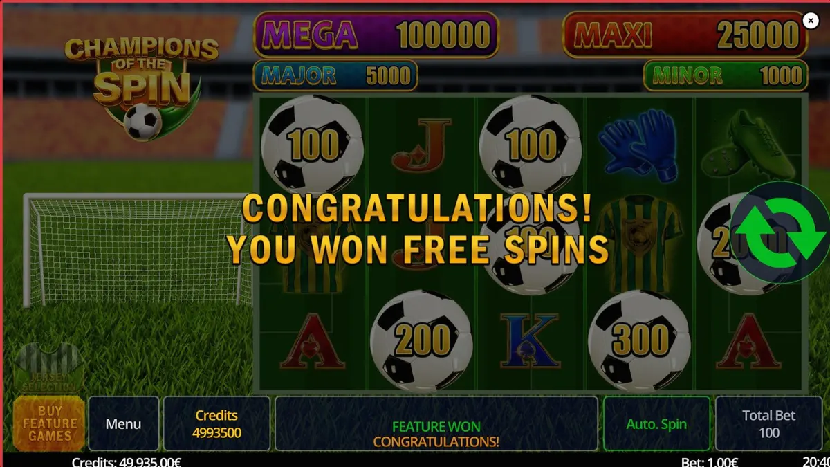 Interface do jogo Champion of The Spin com tema de futebol e estádio.