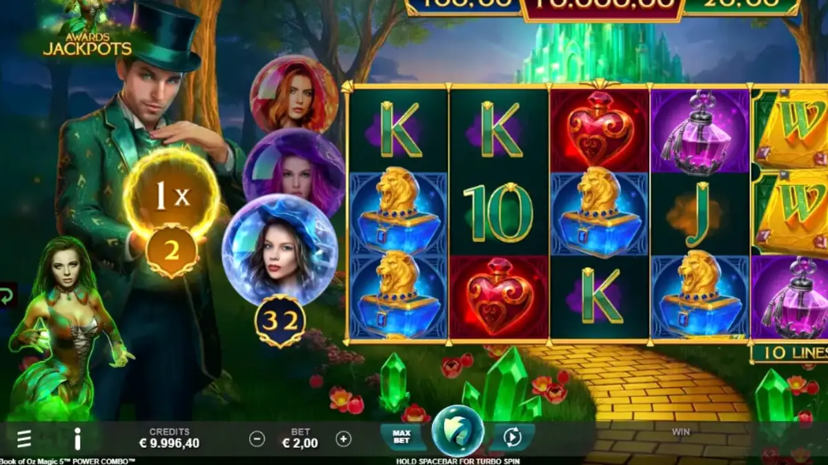 Interface mágica do slot Book of Oz Magic 5 Power Combo com elementos de fantasia.