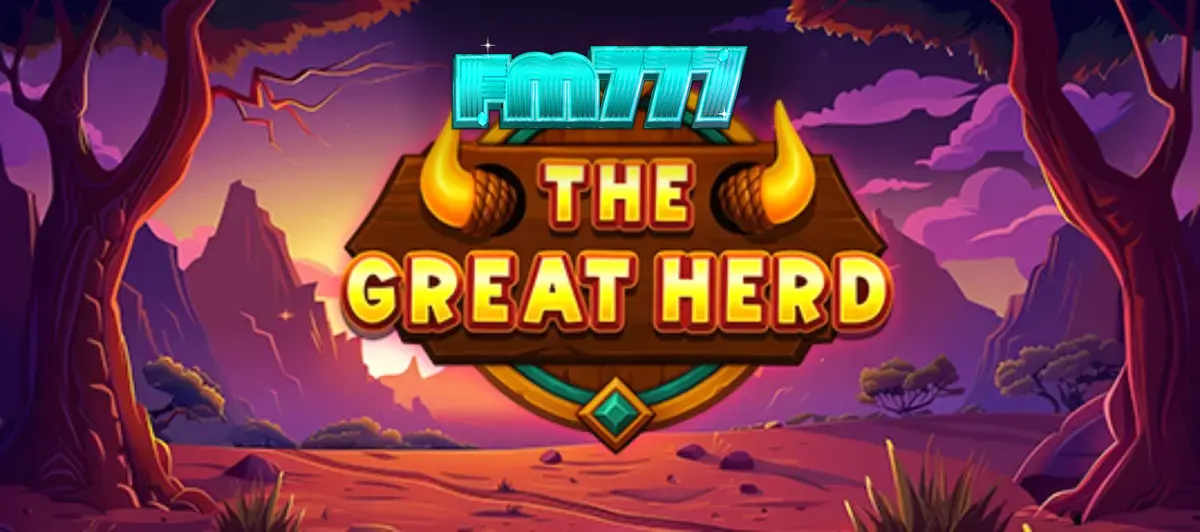 Cenário da savana africana com símbolos de búfalos e touros no slot The Great Herd